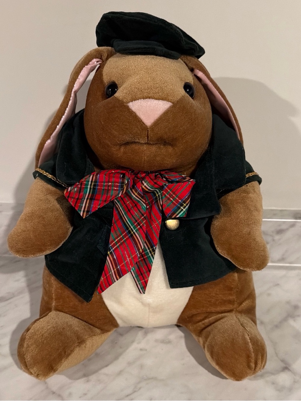 1985 Vintage Velveteen Rabbit Holiday Edition Green Velvet Jacket Tartan Bowtie